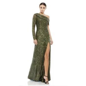 leena For Mac Duggal Size 2 Sequined Olive Green Long Sleeve Gown Draped Collar